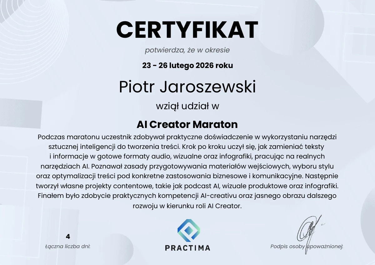 Certyfikat Piotra Jaroszewskiego: AI Creator Maraton