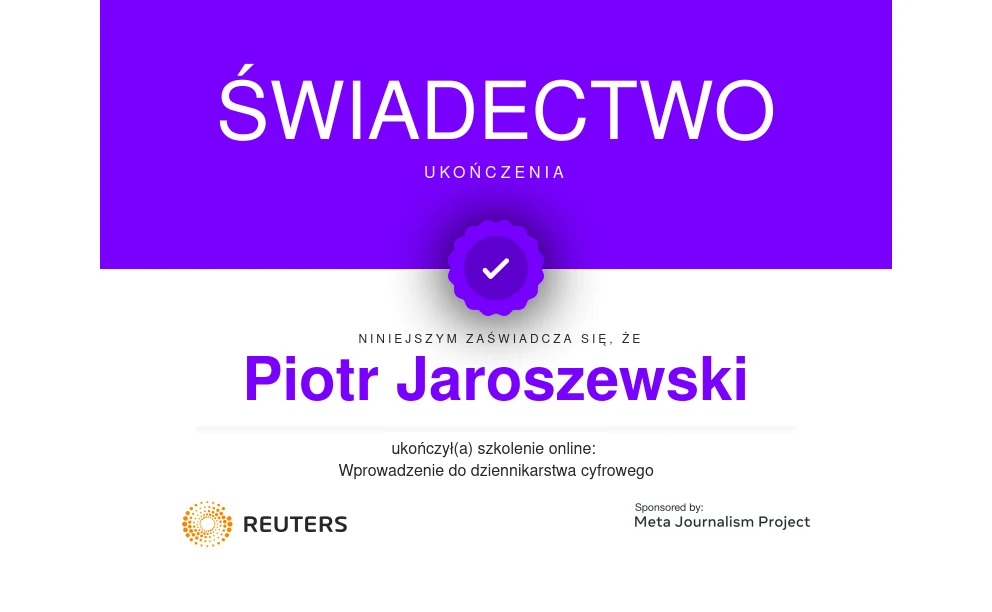 Certyfikat Piotra Jaroszewskiego: Wprowadzenie do dziennikarstwa cyfrowego